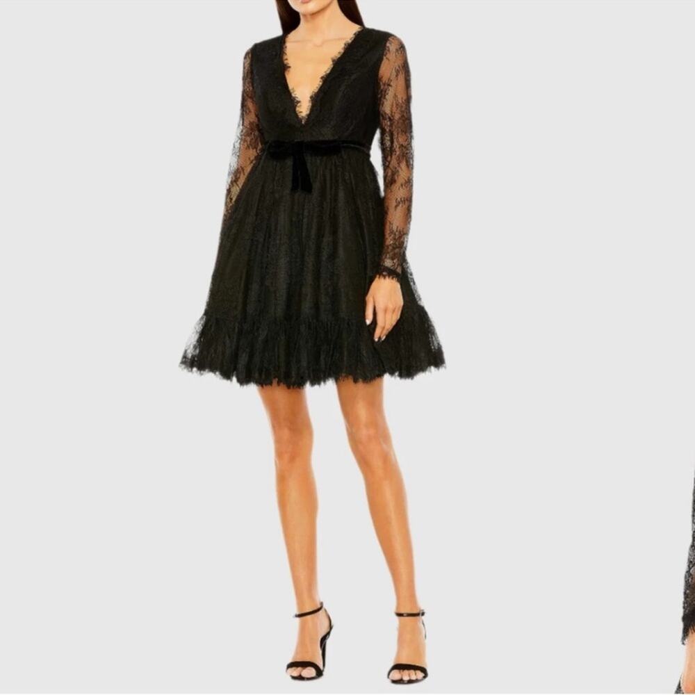 NWT Mac Duggal 49794 Black Long Sleeve Deep V Lace Babydoll Dress sz 2 Mini